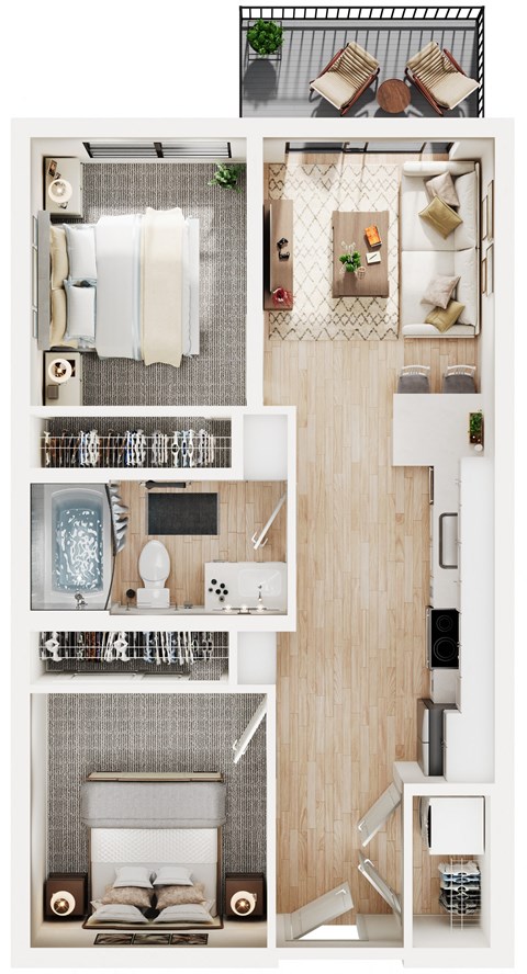 Floor plan for 2 beds, 1 bath, 621 sqft